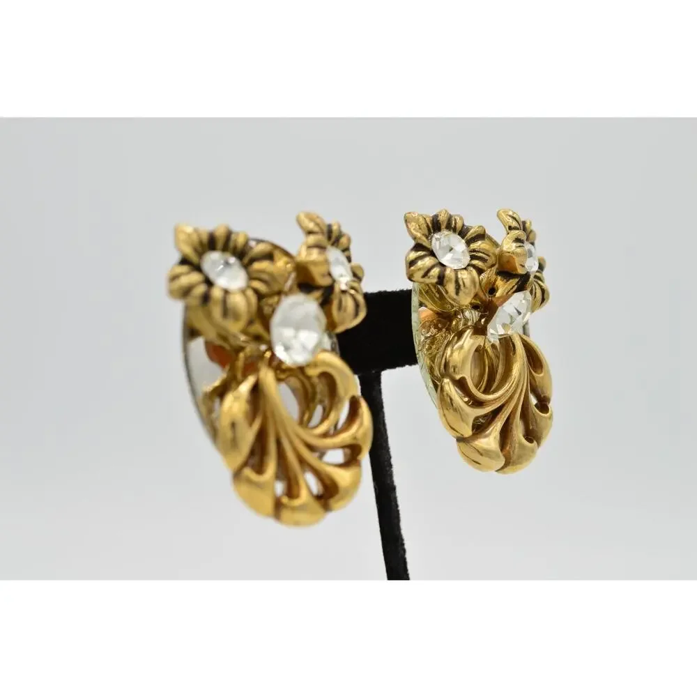 Vintage Clip On Earrings Rhinestone Crystal Mirrored Floral Chunky 1980s 9L
